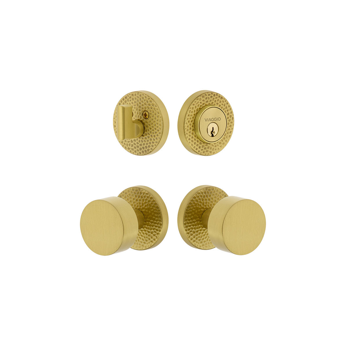 Circolo Hammered Rosette Entry Set with Circolo Knob in Satin Brass