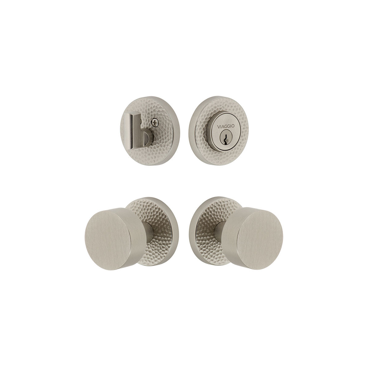 Circolo Hammered Rosette Entry Set with Circolo Knob in Satin Nickel