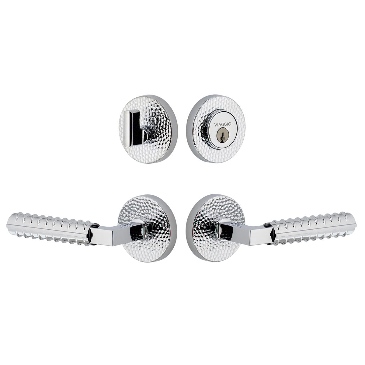 Circolo Hammered Rosette Entry Set with Contempo Rebar Lever in Bright Chrome