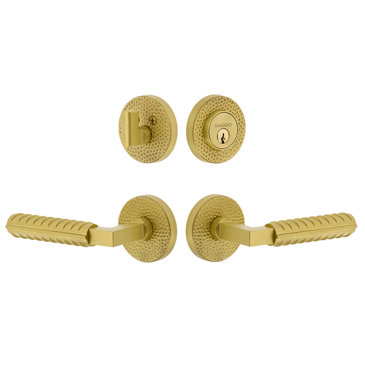 Circolo Hammered Rosette Entry Set with Contempo Rebar Lever in Satin Brass