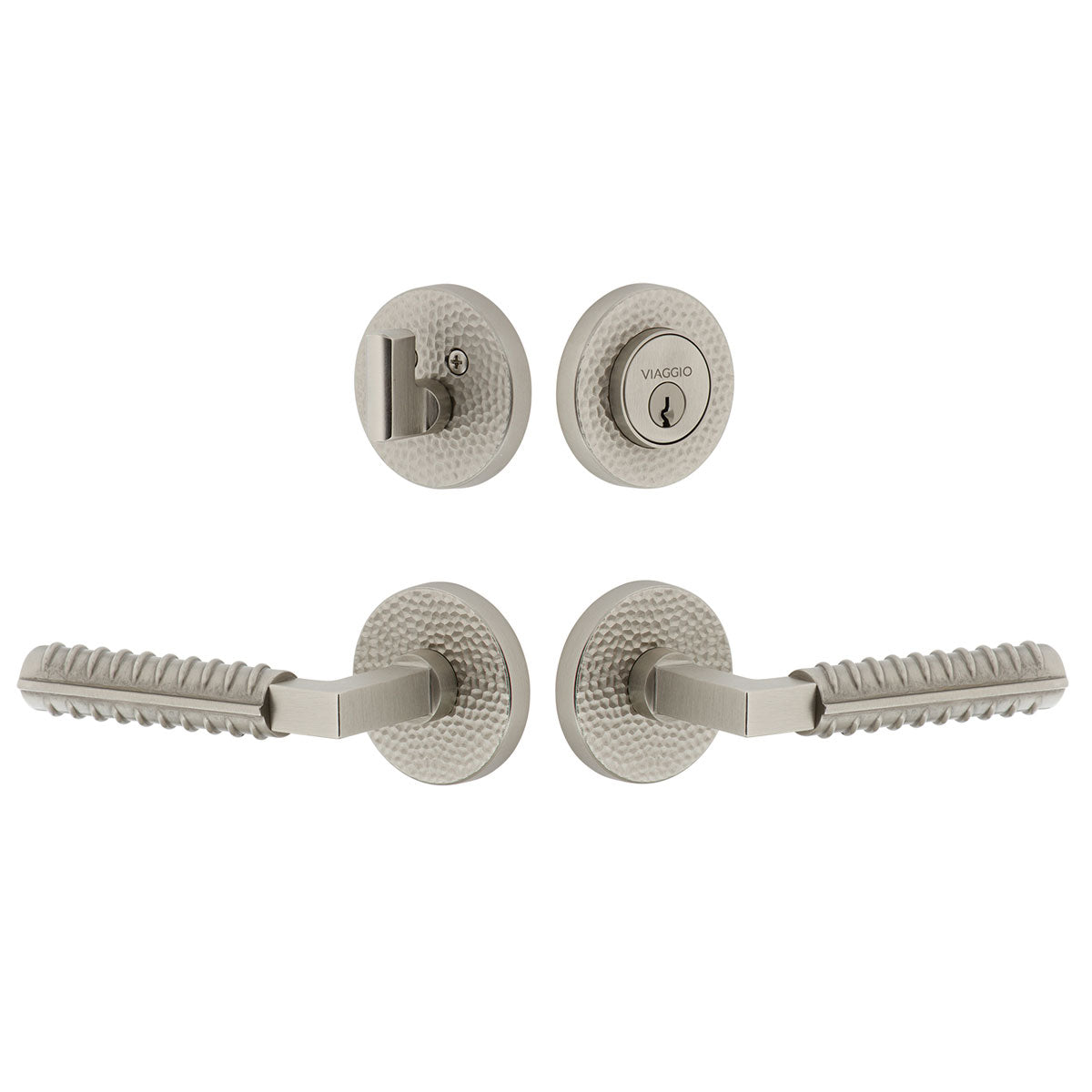 Circolo Hammered Rosette Entry Set with Contempo Rebar Lever in Satin Nickel
