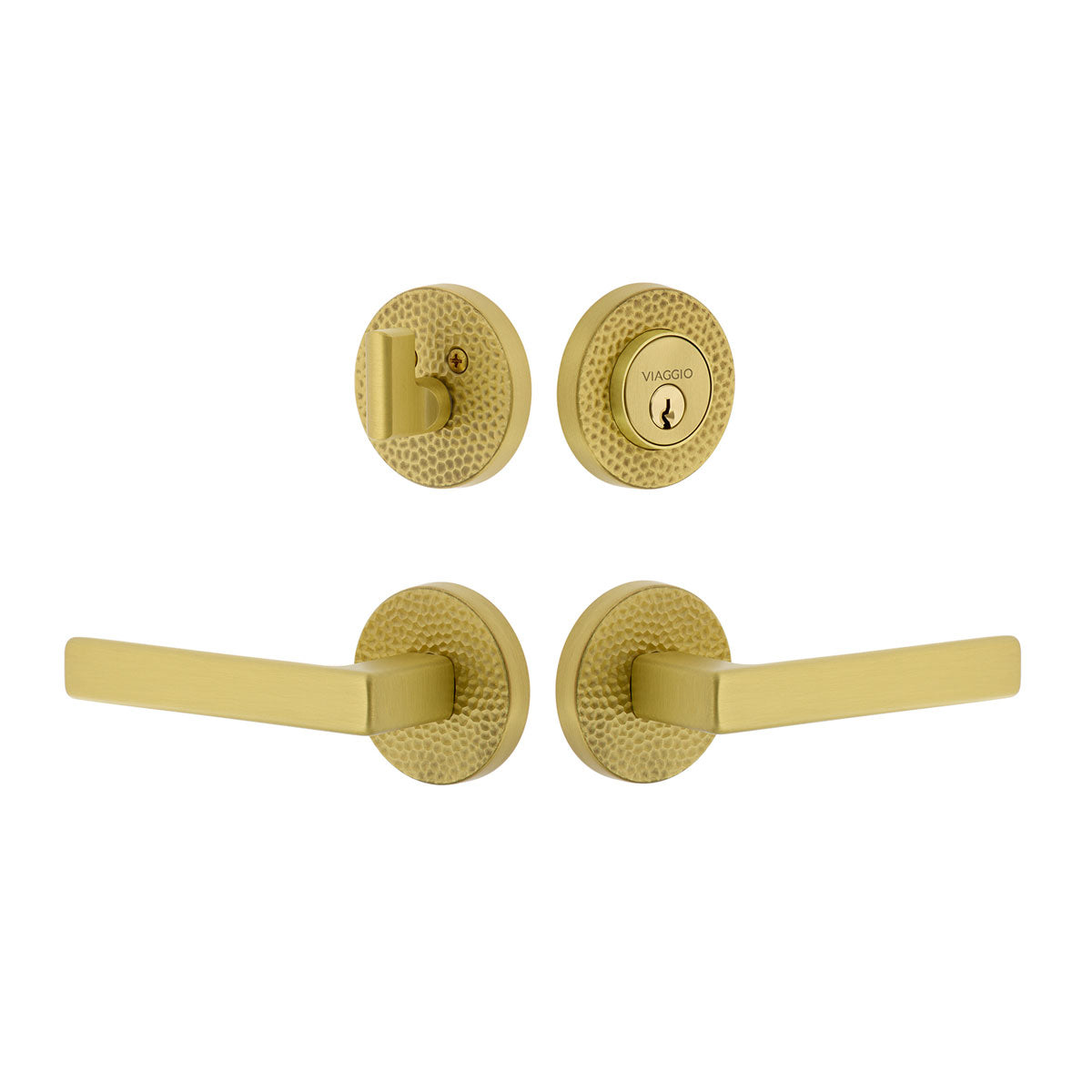 Circolo Hammered Rosette Entry Set with Lusso Lever in Satin Brass