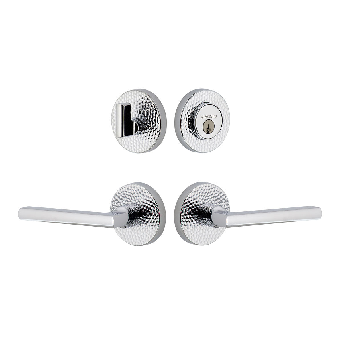Circolo Hammered Rosette Entry Set with Milano Lever in Bright Chrome