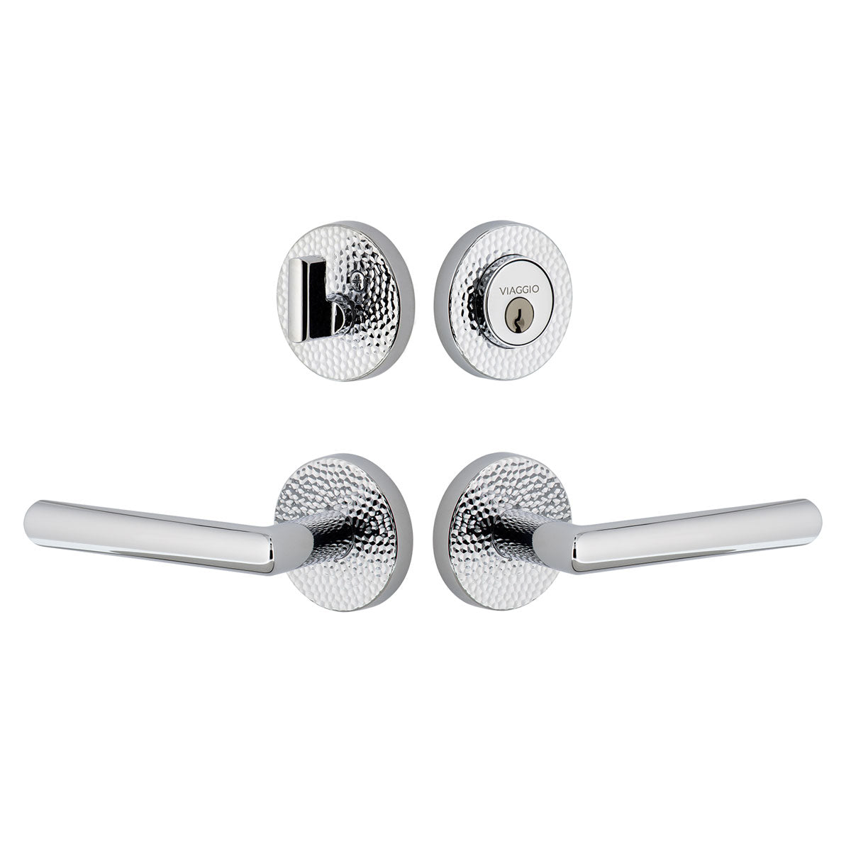 Circolo Hammered Rosette Entry Set with Moderno Lever in Bright Chrome