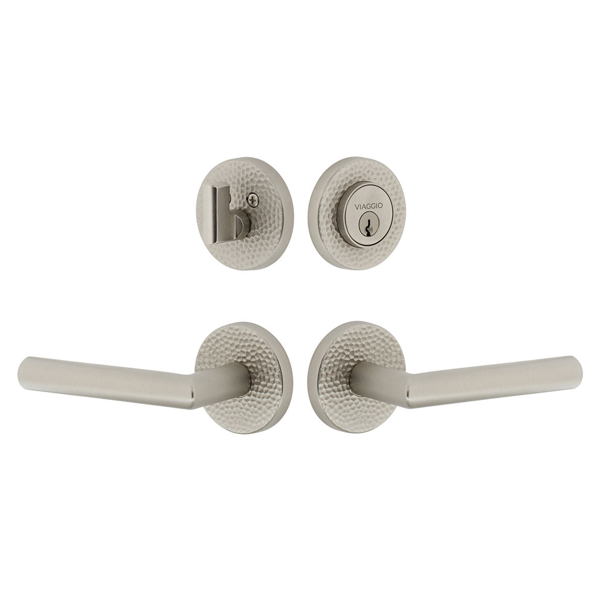 Circolo Hammered Rosette Entry Set with Moderno Lever in Satin Nickel