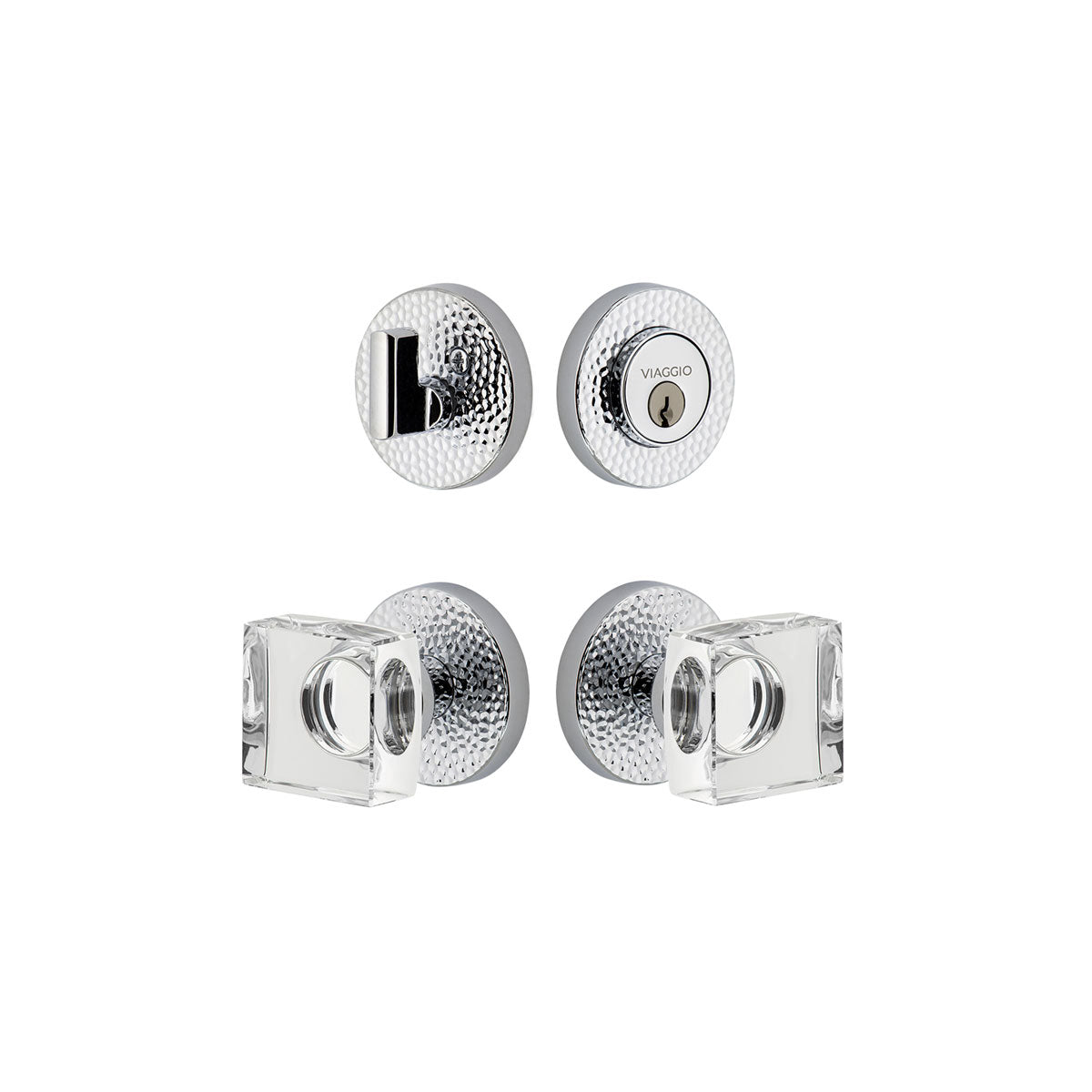 Circolo Hammered Rosette Entry Set with Quadrato Crystal Knob in Bright Chrome