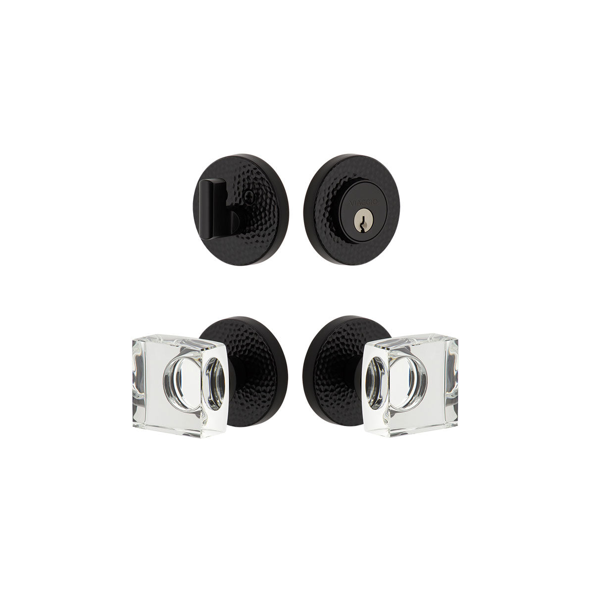 Circolo Hammered Rosette Entry Set with Quadrato Crystal Knob in Satin Black