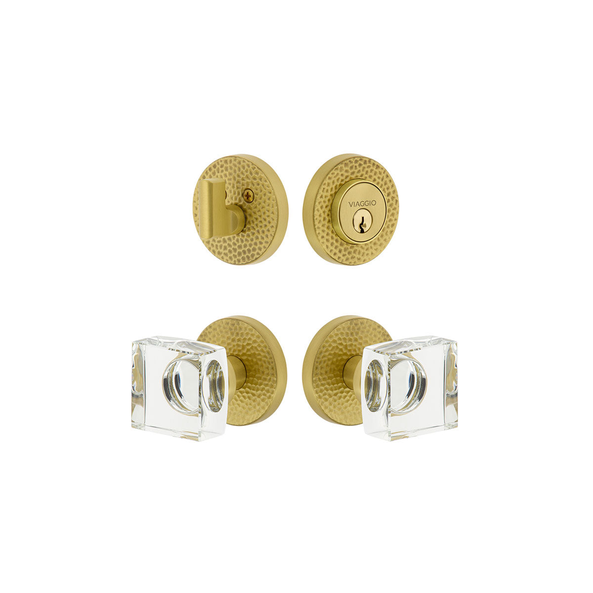 Circolo Hammered Rosette Entry Set with Quadrato Crystal Knob in Satin Brass