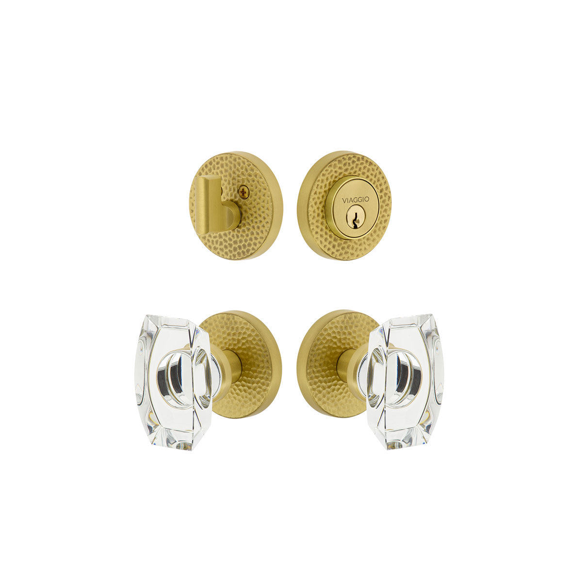 Circolo Hammered Rosette Entry Set with Stella Knob in Satin Brass