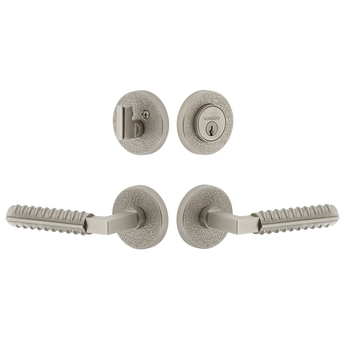 Circolo Leather Rosette Entry Set with Contempo Rebar Lever in Satin Nickel