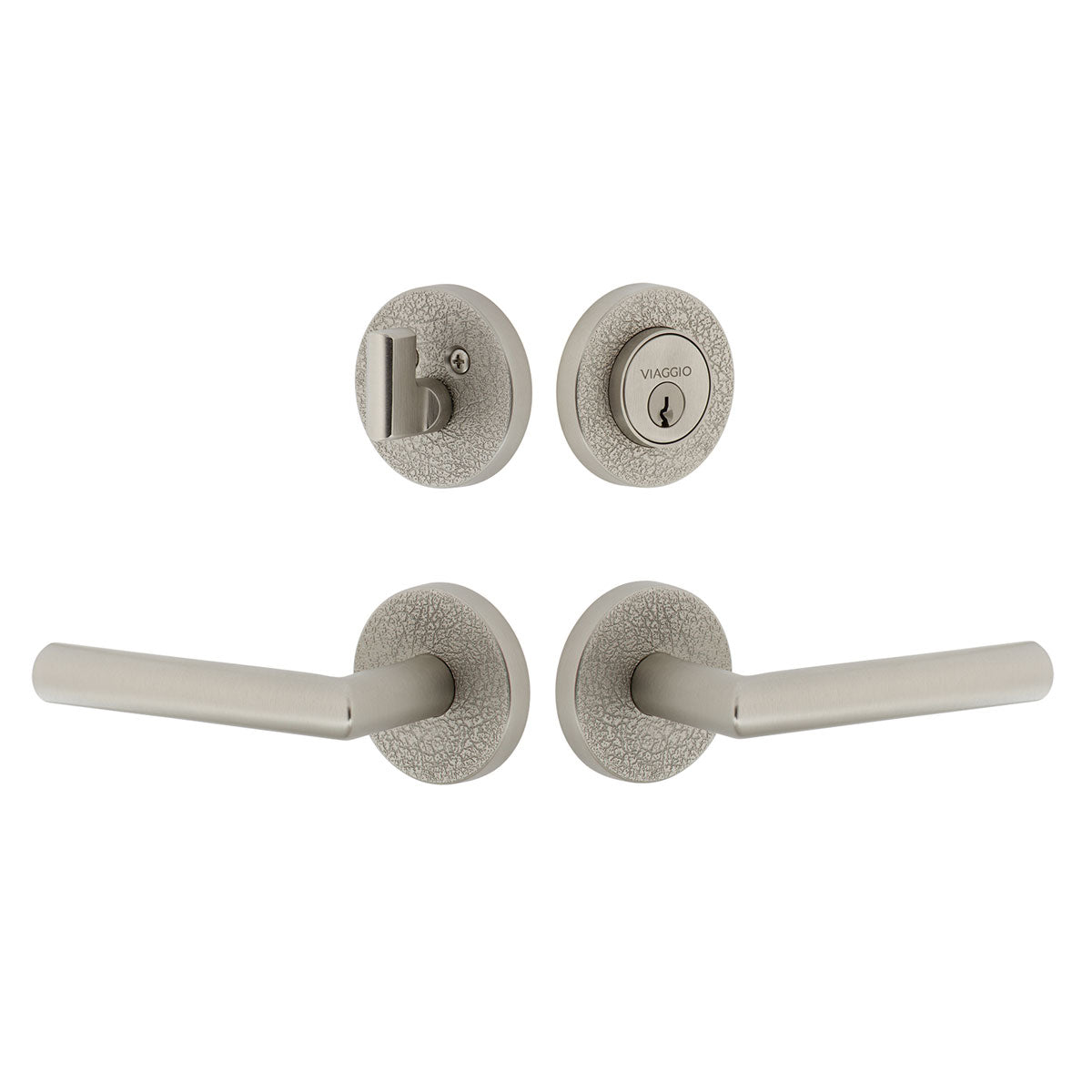 Circolo Leather Rosette Entry Set with Moderno Lever in Satin Nickel
