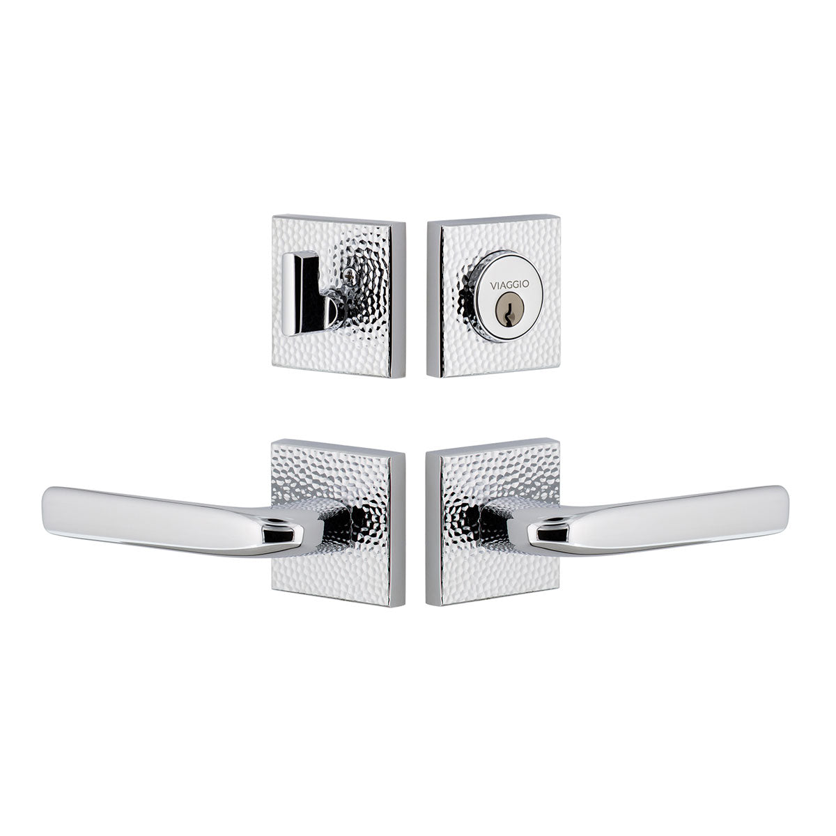 Quadrato Hammered Rosette Entry Set with Bella Lever in Bright Chrome