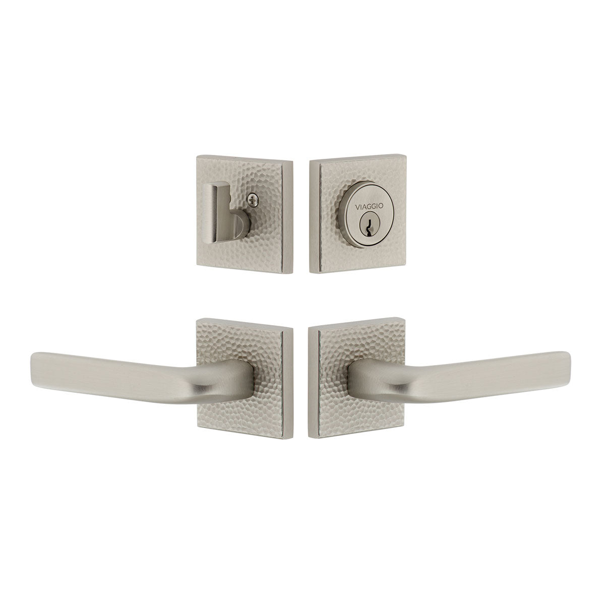Quadrato Hammered Rosette Entry Set with Bella Lever in Satin Nickel