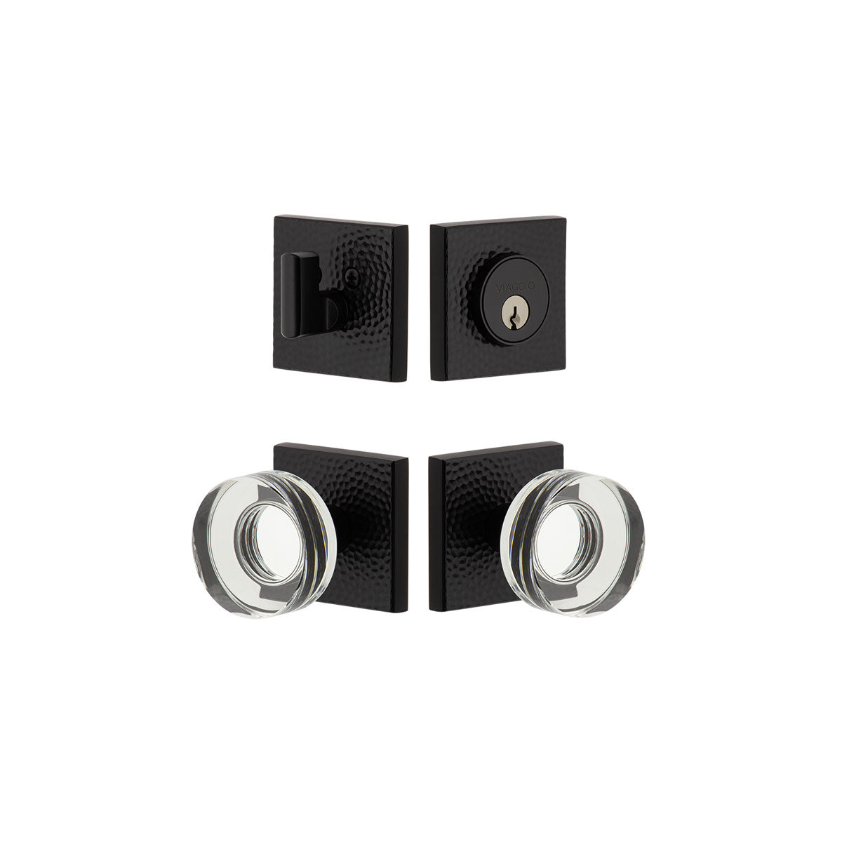 Quadrato Hammered Rosette Entry Set with Circolo Crystal Knob in Satin Black