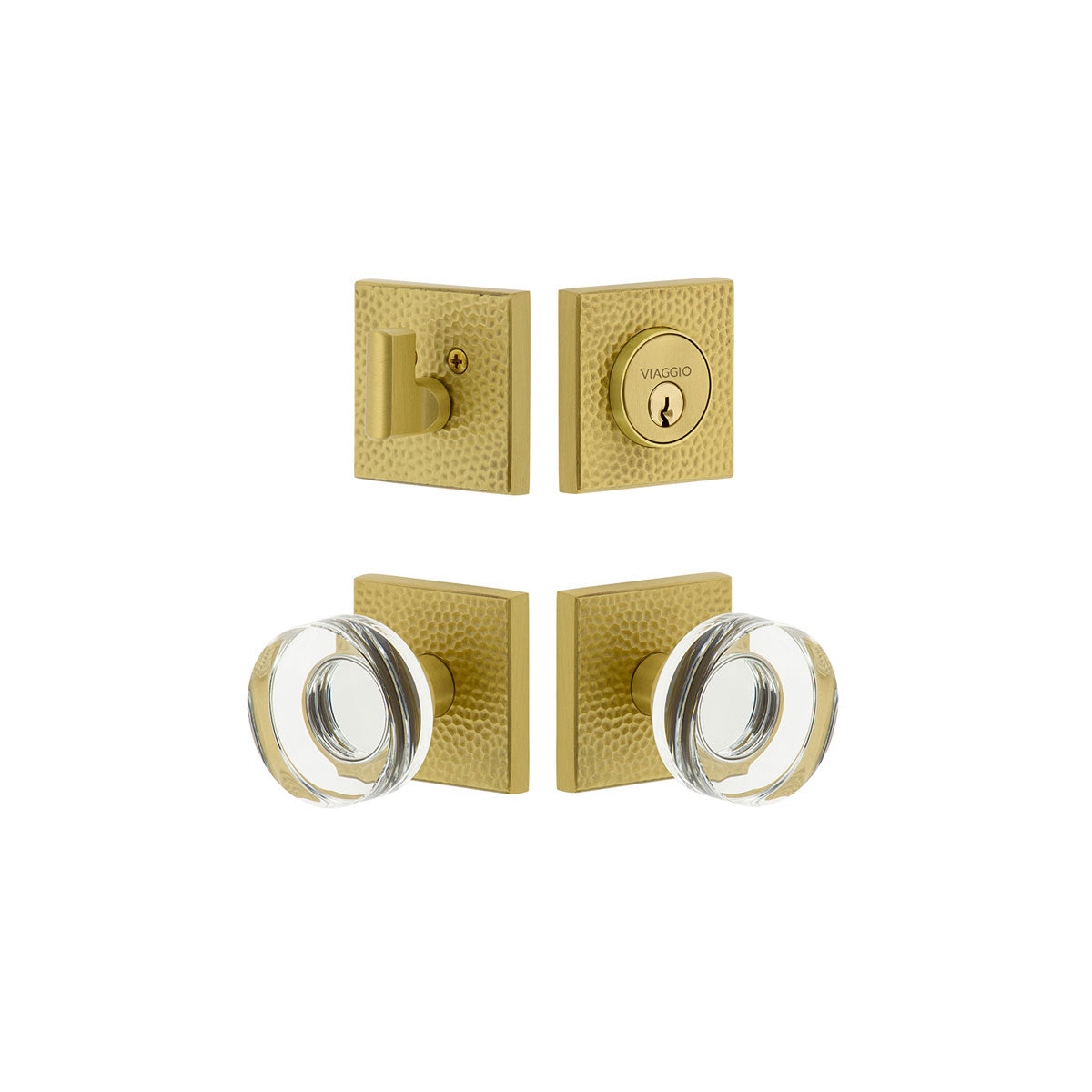 Quadrato Hammered Rosette Entry Set with Circolo Crystal Knob in Satin Brass