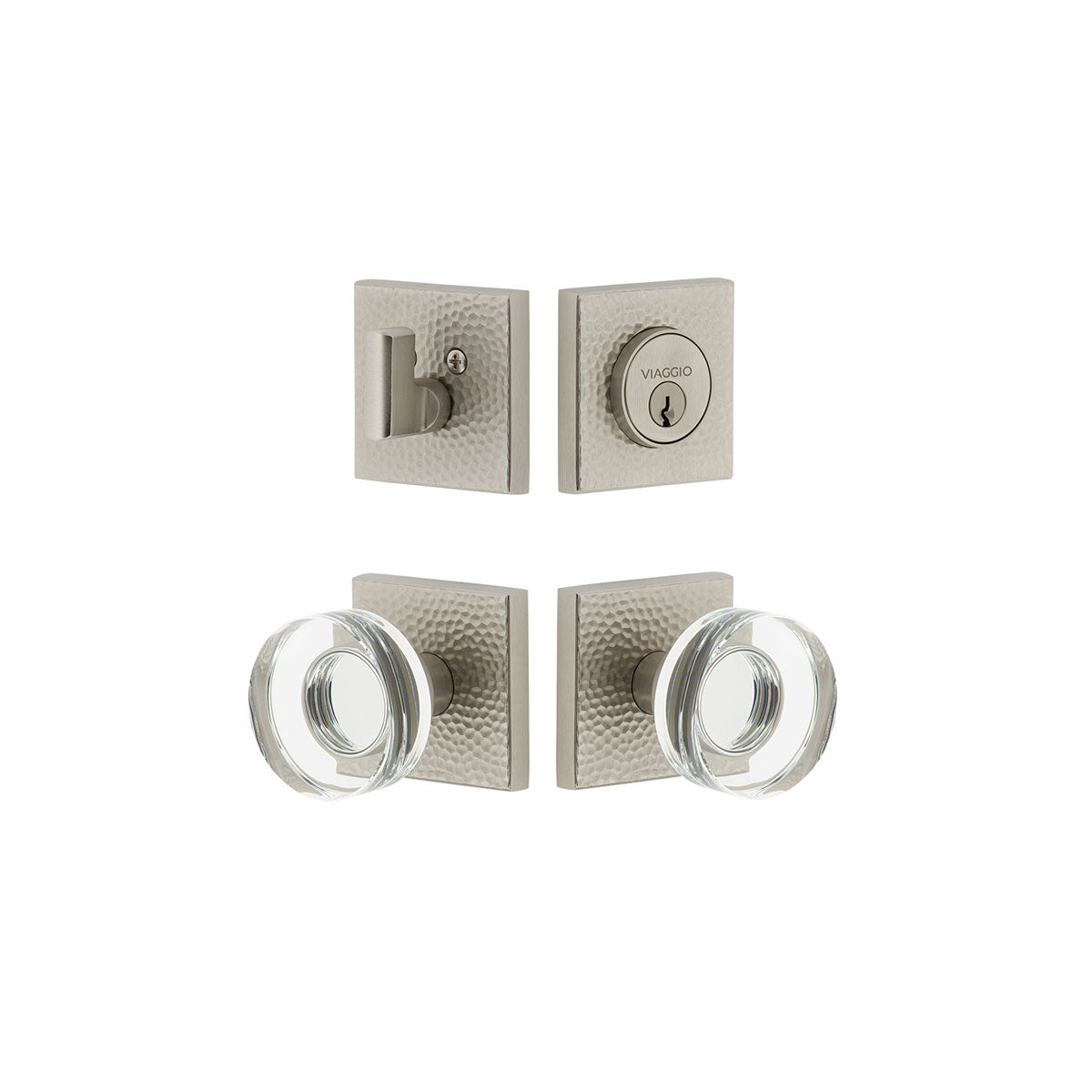 Quadrato Hammered Rosette Entry Set with Circolo Crystal Knob in Satin Nickel