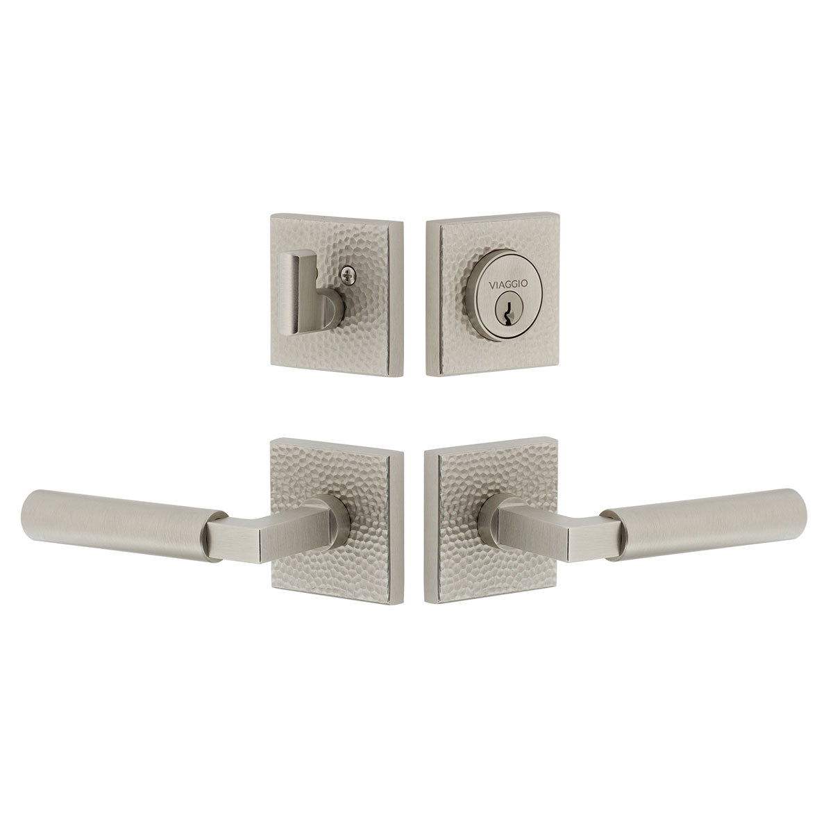 Quadrato Hammered Rosette Entry Set with Contempo Lever in Satin Nickel