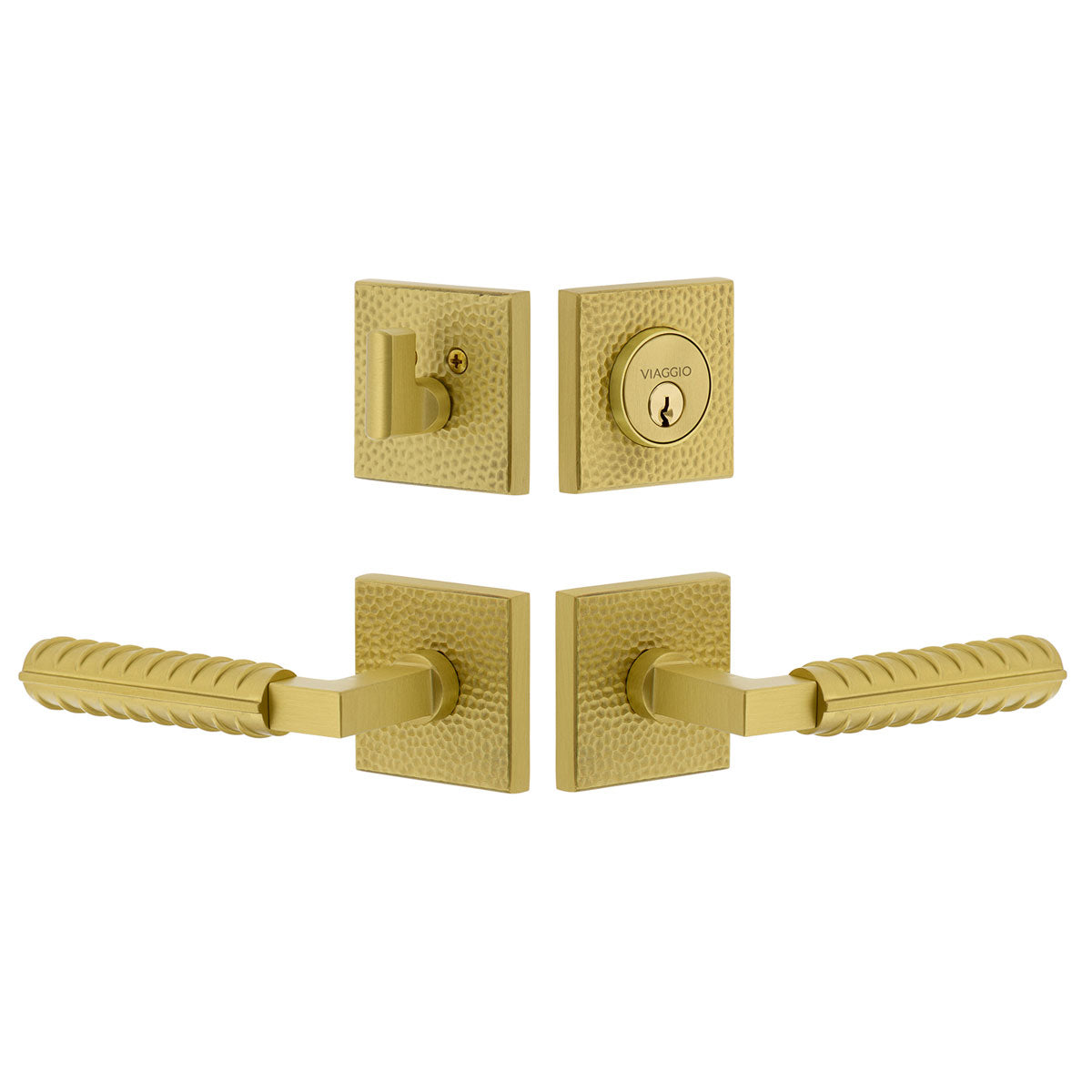 Quadrato Hammered Rosette Entry Set with Contempo Rebar Lever in Satin Brass