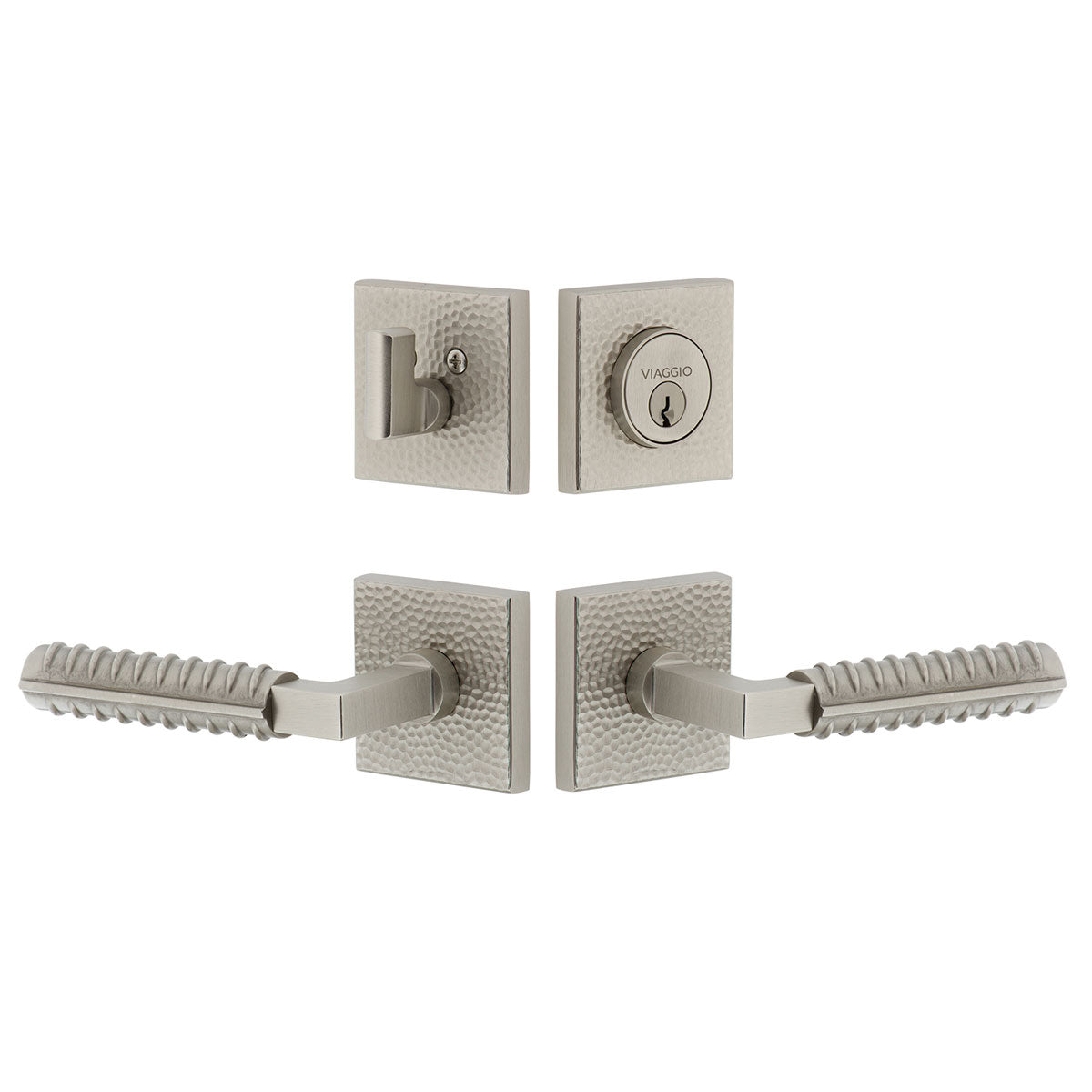 Quadrato Hammered Rosette Entry Set with Contempo Rebar Lever in Satin Nickel