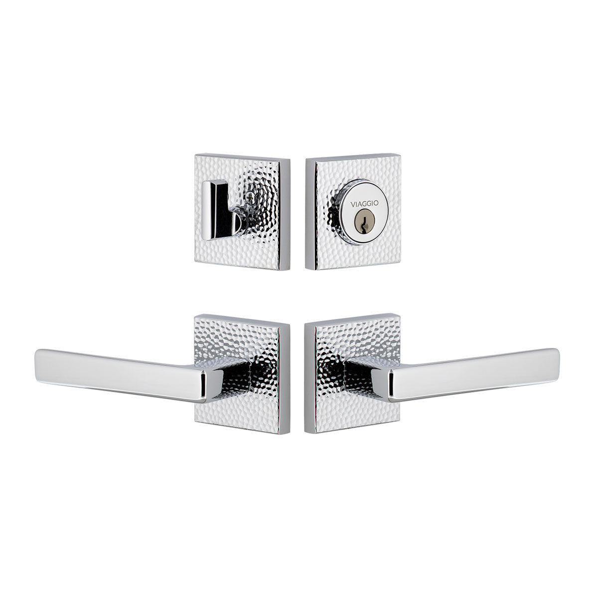 Quadrato Hammered Rosette Entry Set with Lusso Lever in Bright Chrome