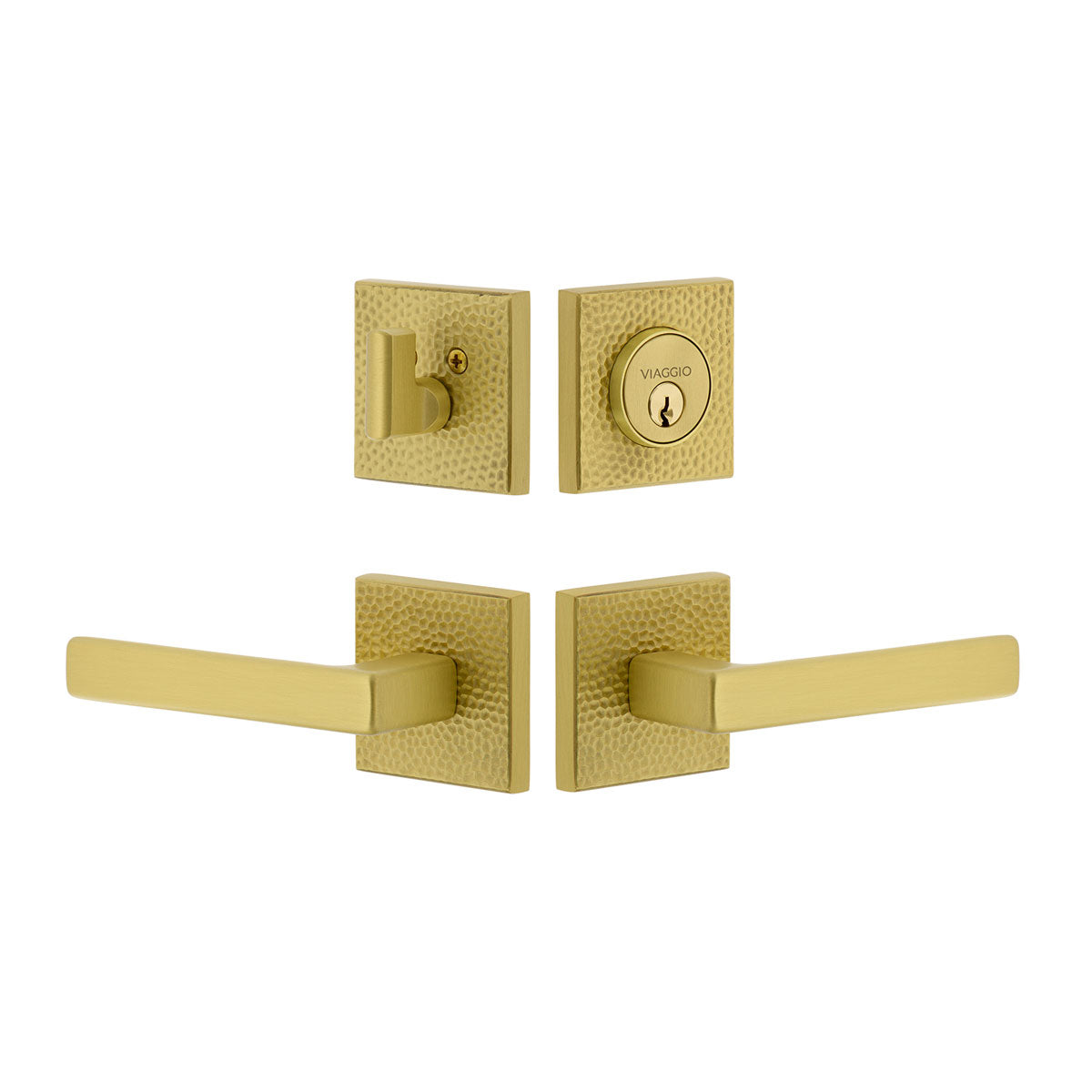 Quadrato Hammered Rosette Entry Set with Lusso Lever in Satin Brass