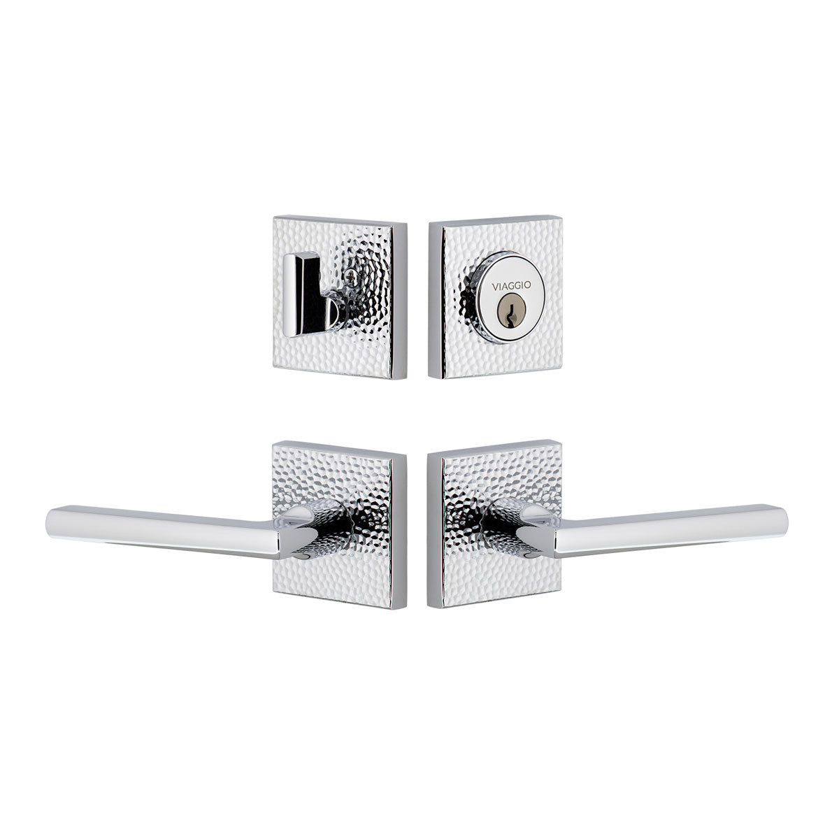 Quadrato Hammered Rosette Entry Set with Milano Lever in Bright Chrome
