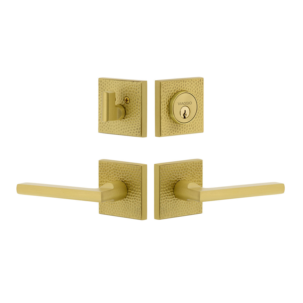 Quadrato Hammered Rosette Entry Set with Milano Lever in Satin Brass