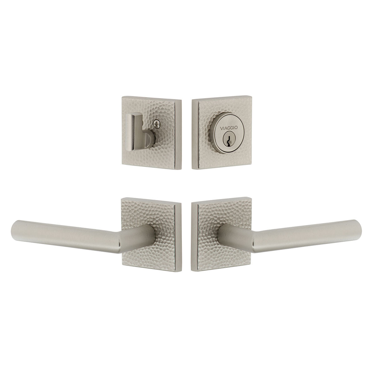 Quadrato Hammered Rosette Entry Set with Moderno Lever in Satin Nickel