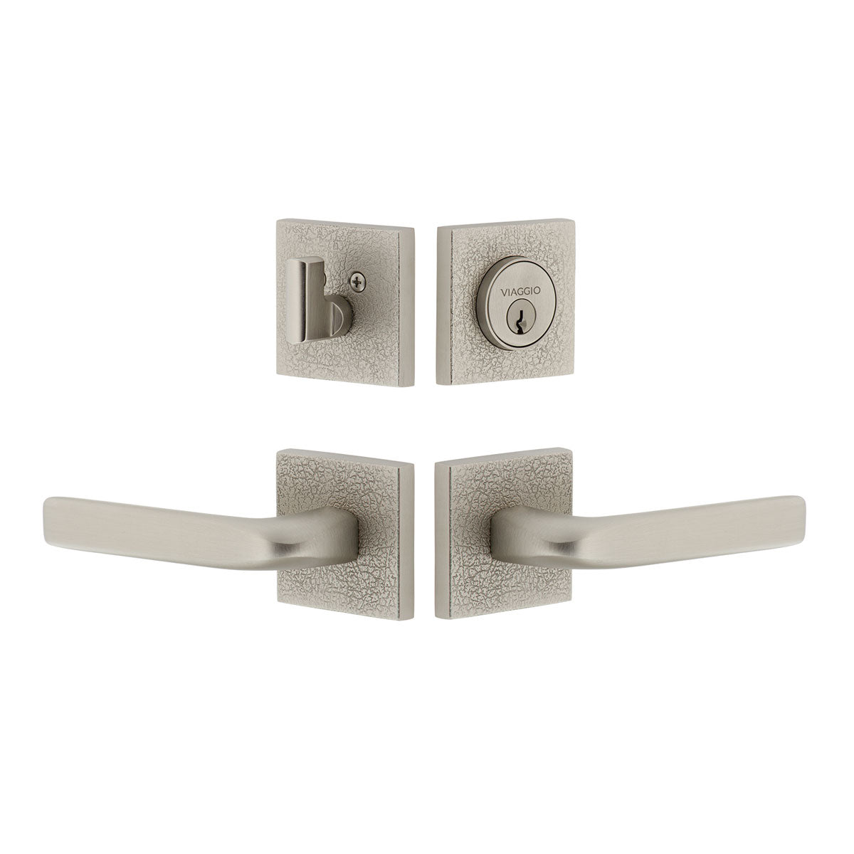 Quadrato Leather Rosette Entry Set with Bella Lever in Satin Nickel