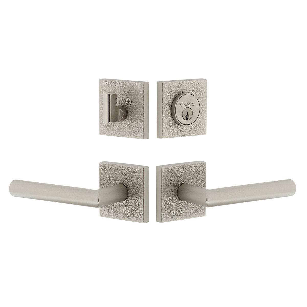 Quadrato Leather Rosette Entry Set with Moderno Lever in Satin Nickel